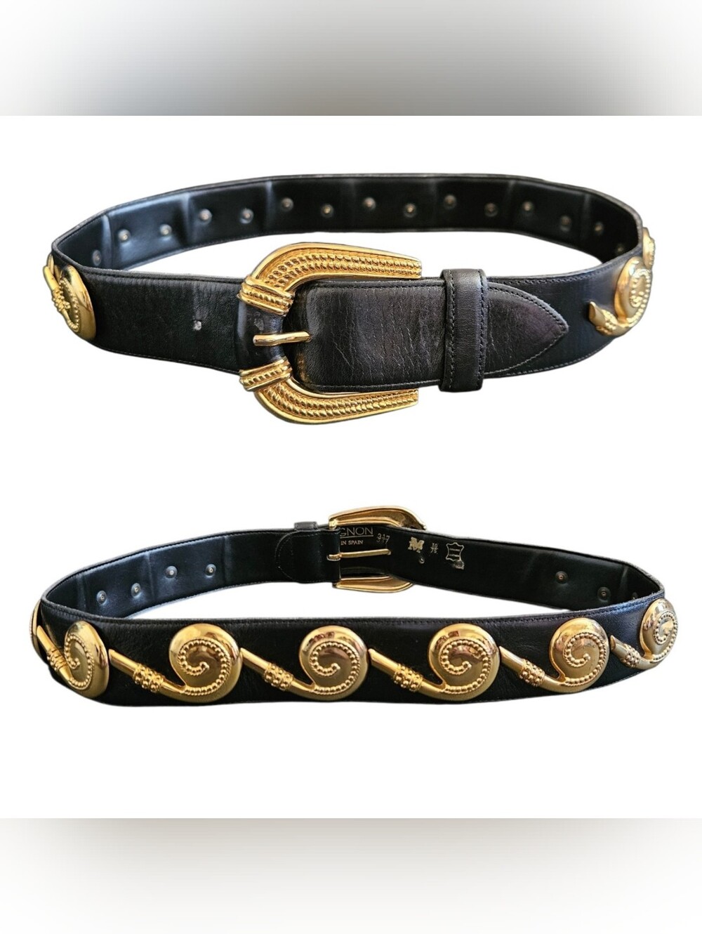 Vintage 80's Avignon Spain Black Leather & Gold Ornate  Horn Statement Belt S